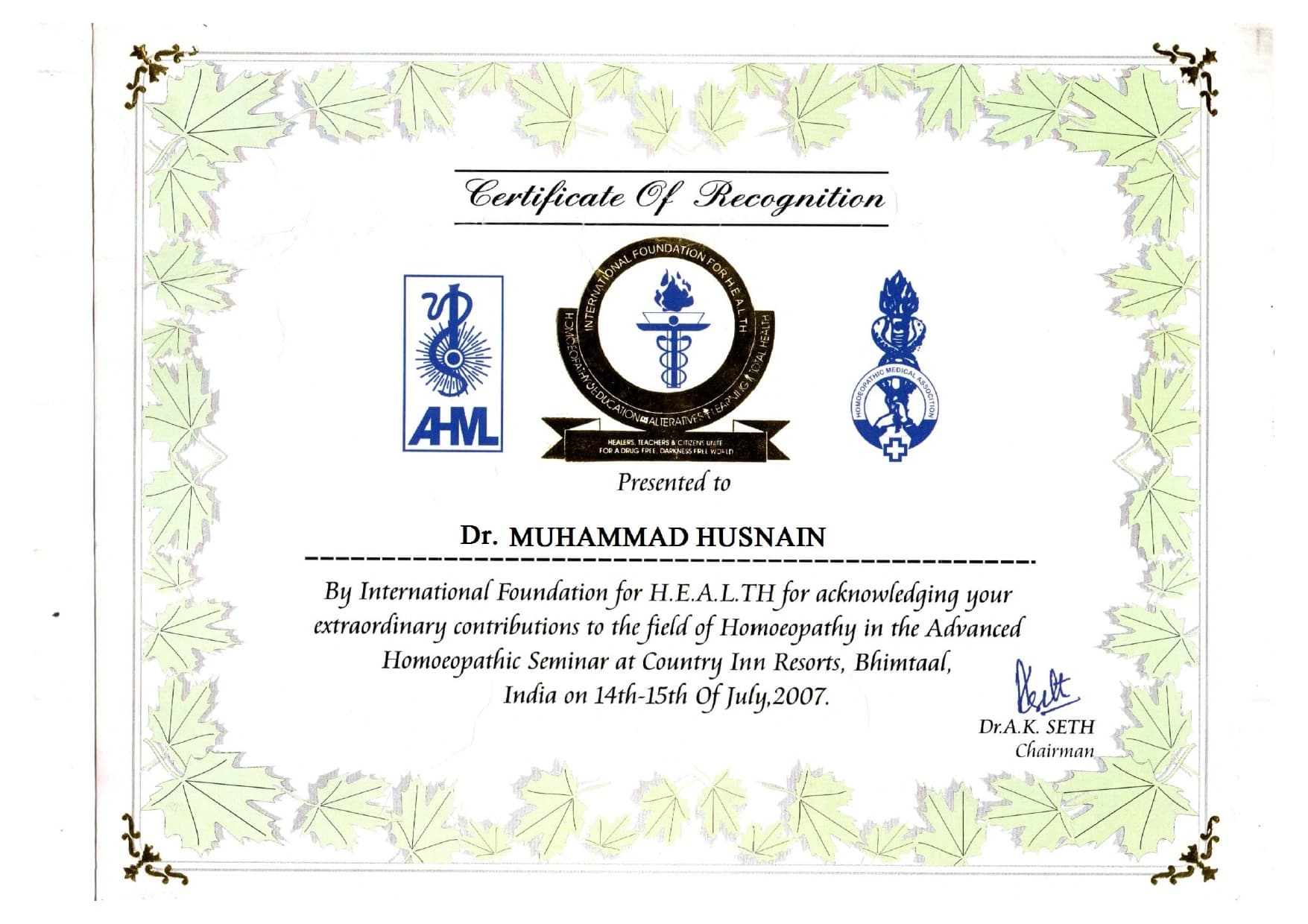 Conference certificate or professional recognition of Dr. Muhammad Husnain