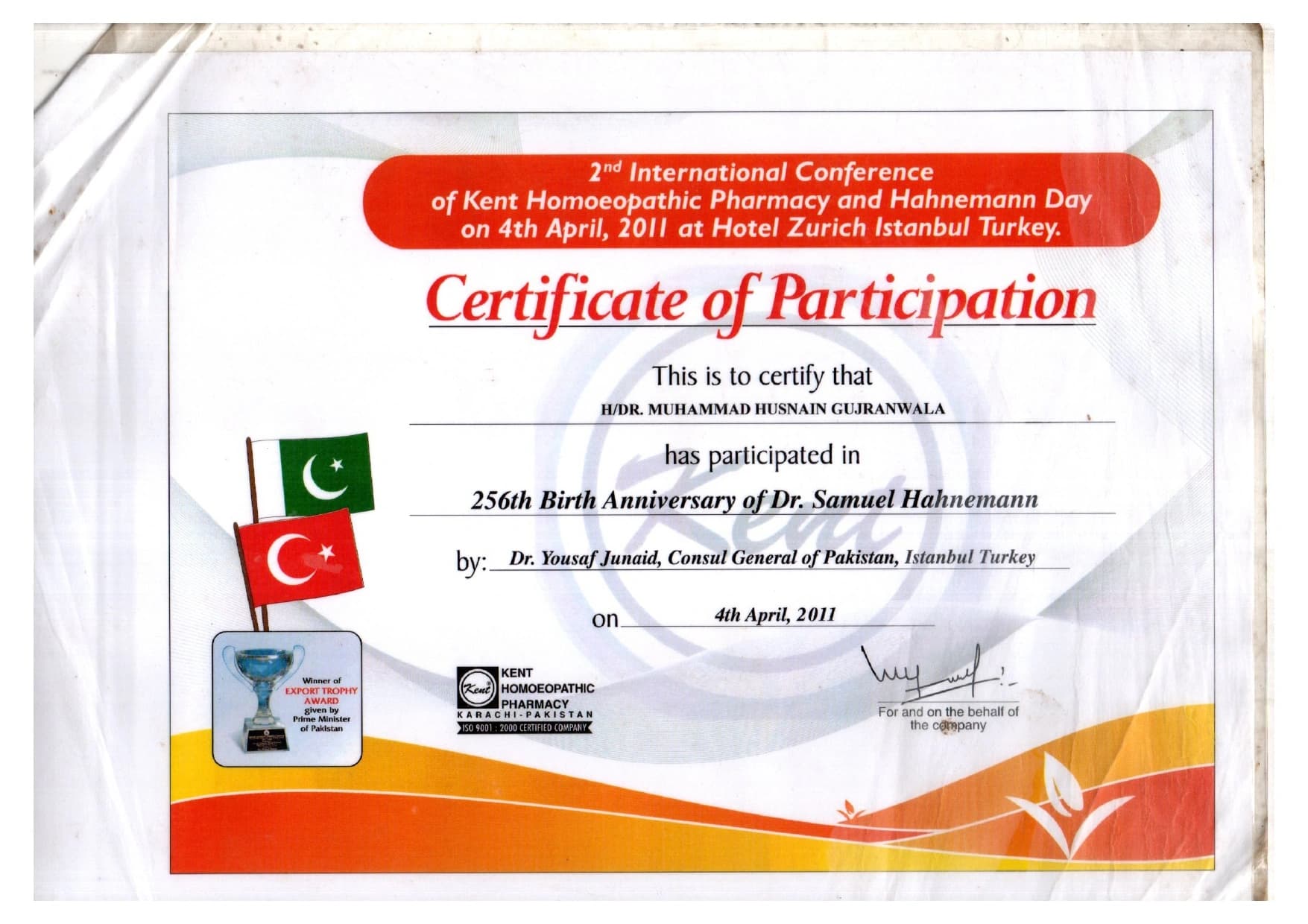 Conference certificate or professional recognition of Dr. Muhammad Husnain