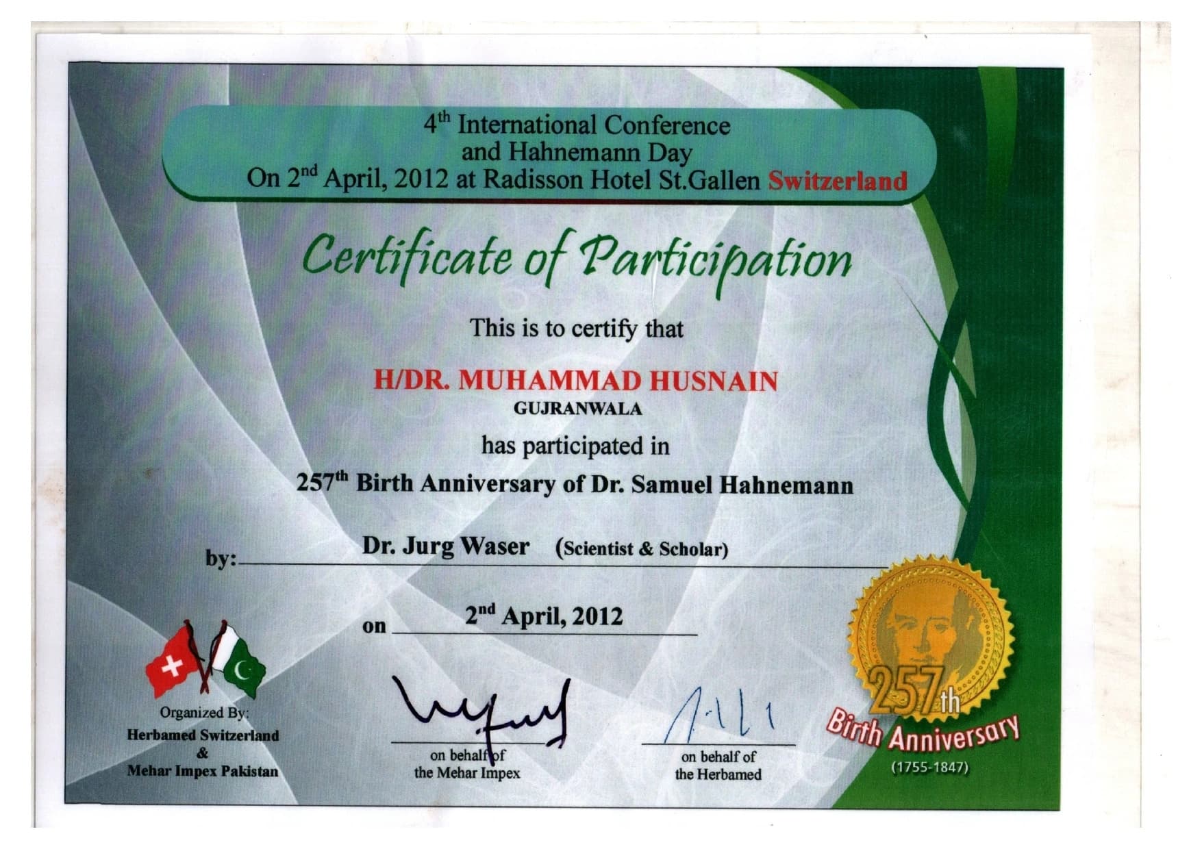 Conference certificate or professional recognition of Dr. Muhammad Husnain