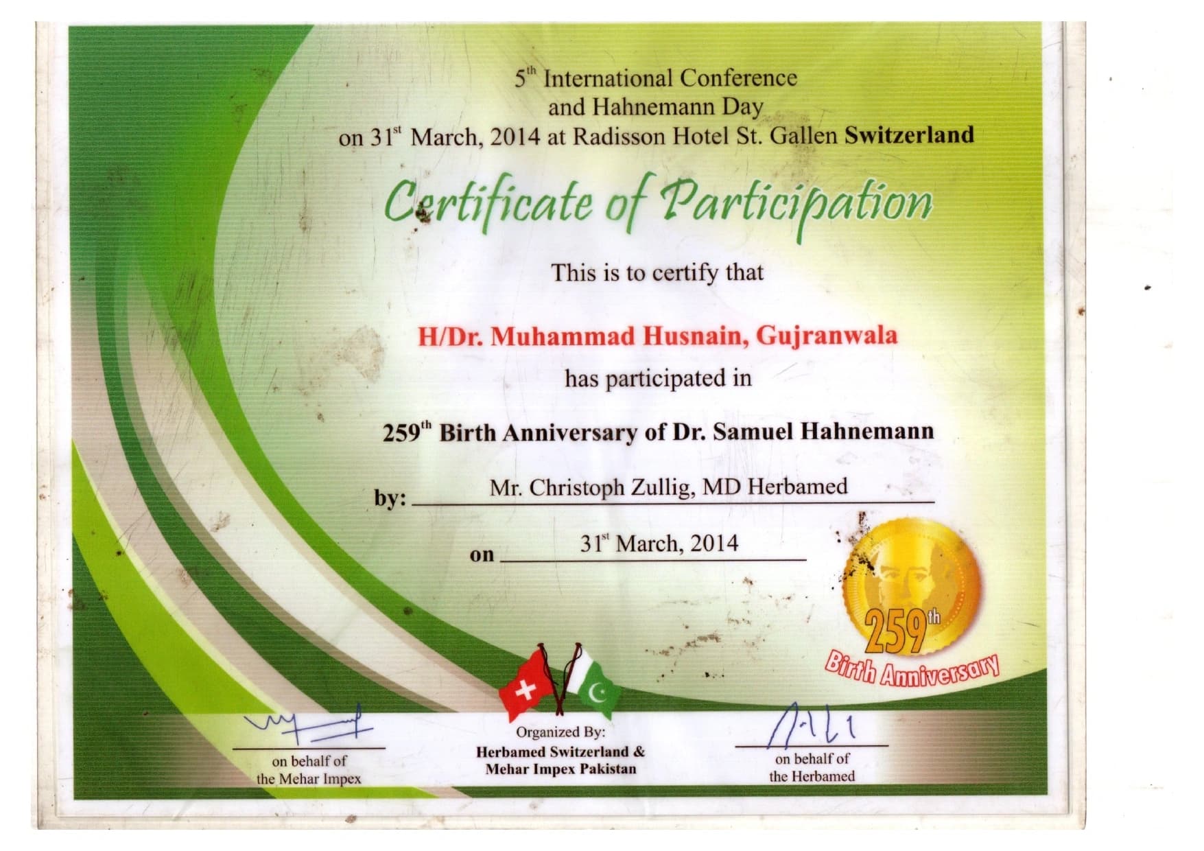 Conference certificate or professional recognition of Dr. Muhammad Husnain