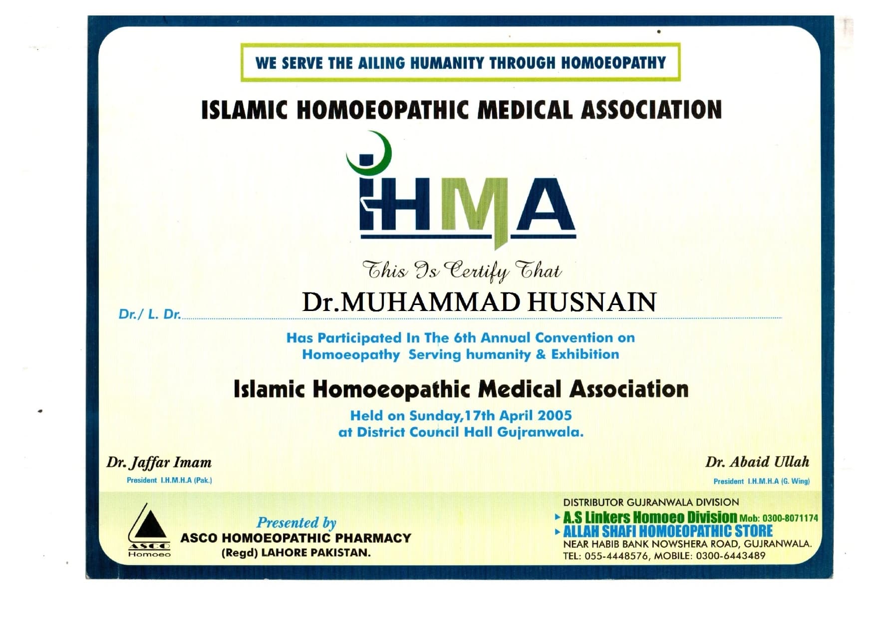 Conference certificate or professional recognition of Dr. Muhammad Husnain