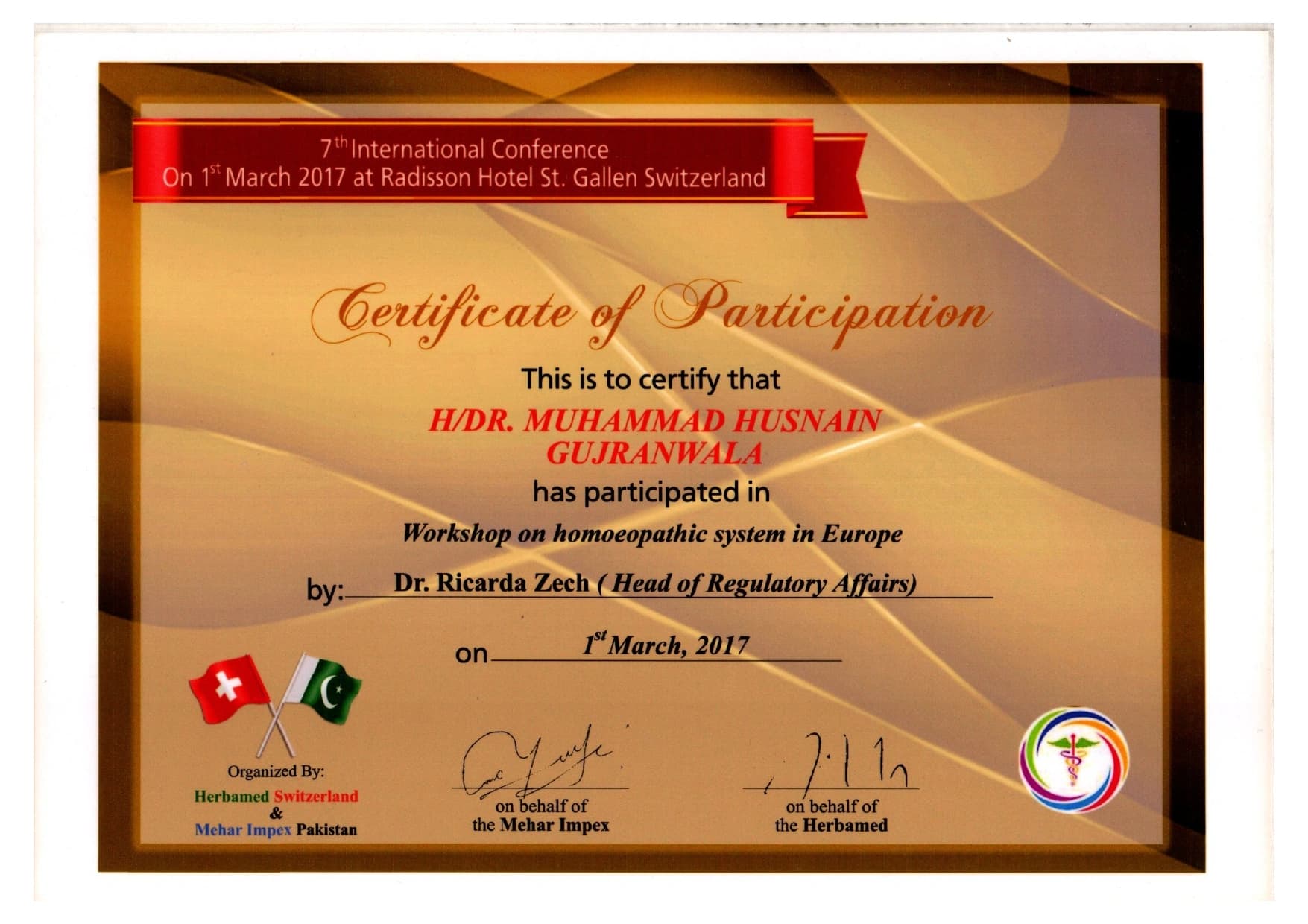 Conference certificate or professional recognition of Dr. Muhammad Husnain