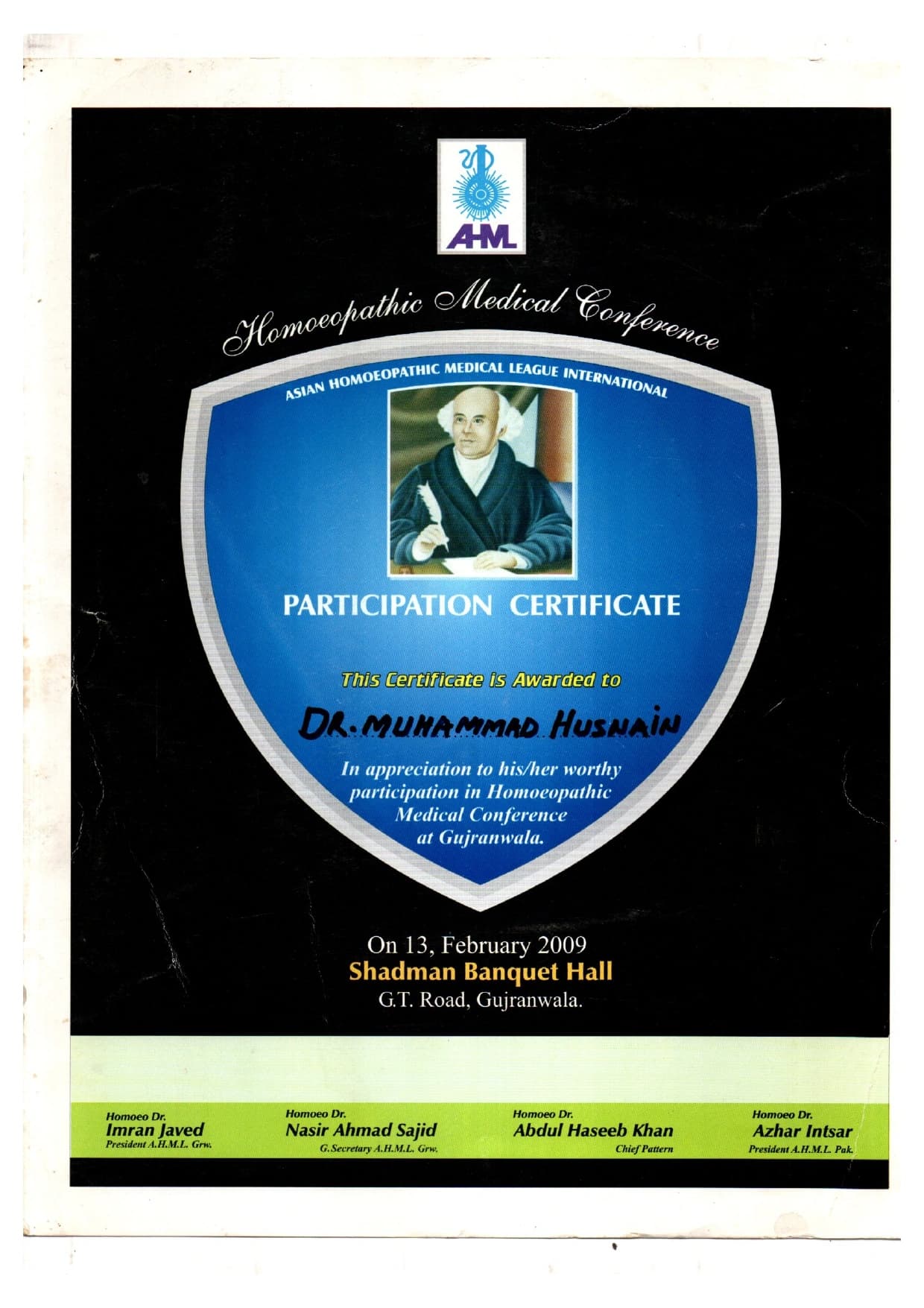 Conference certificate or professional recognition of Dr. Muhammad Husnain