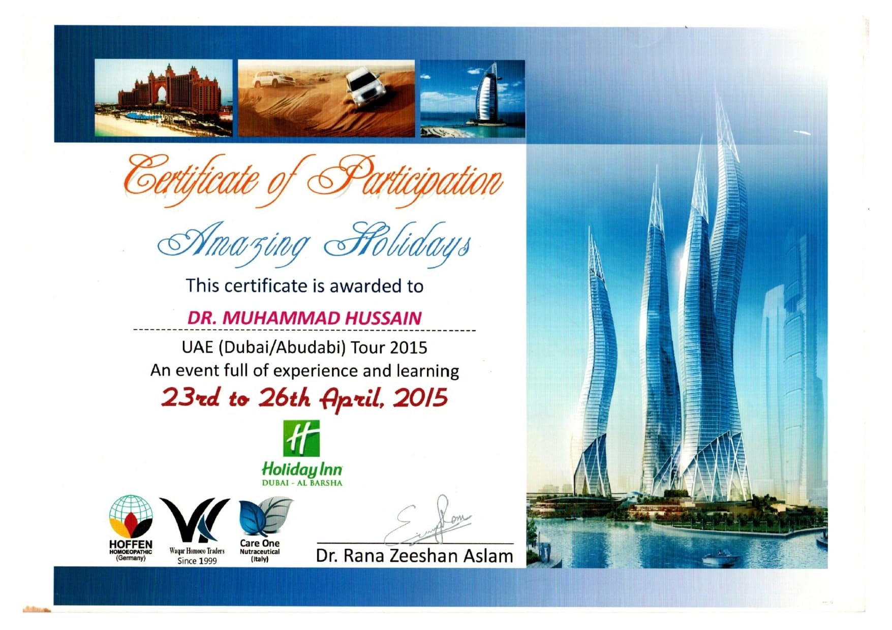 Conference certificate or professional recognition of Dr. Muhammad Husnain