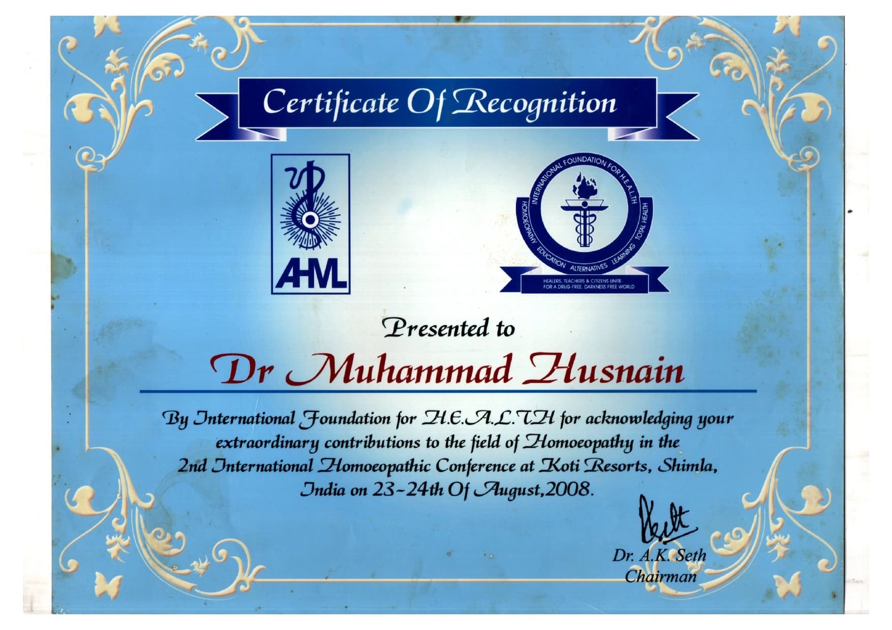 Conference certificate or professional recognition of Dr. Muhammad Husnain