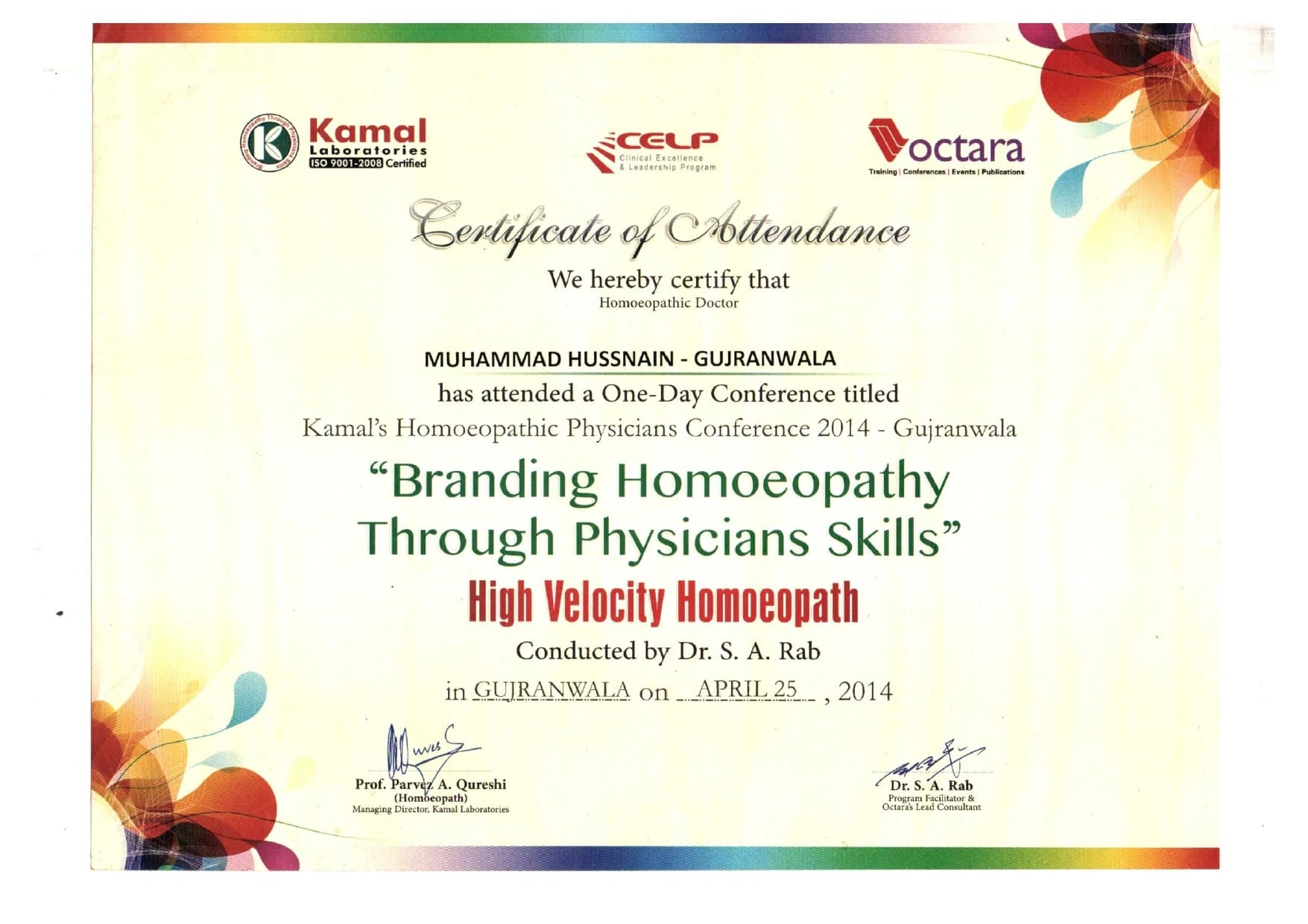 Conference certificate or professional recognition of Dr. Muhammad Husnain