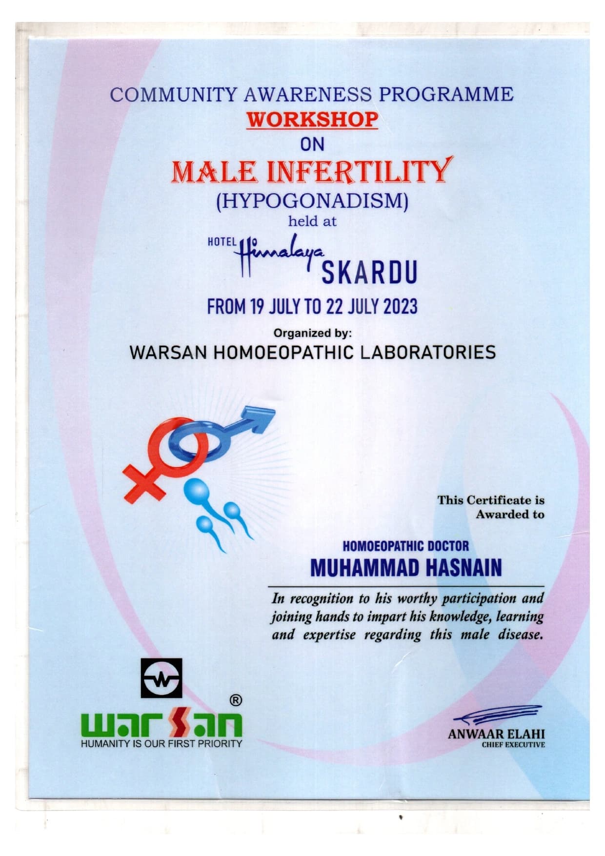 Conference certificate or professional recognition of Dr. Muhammad Husnain