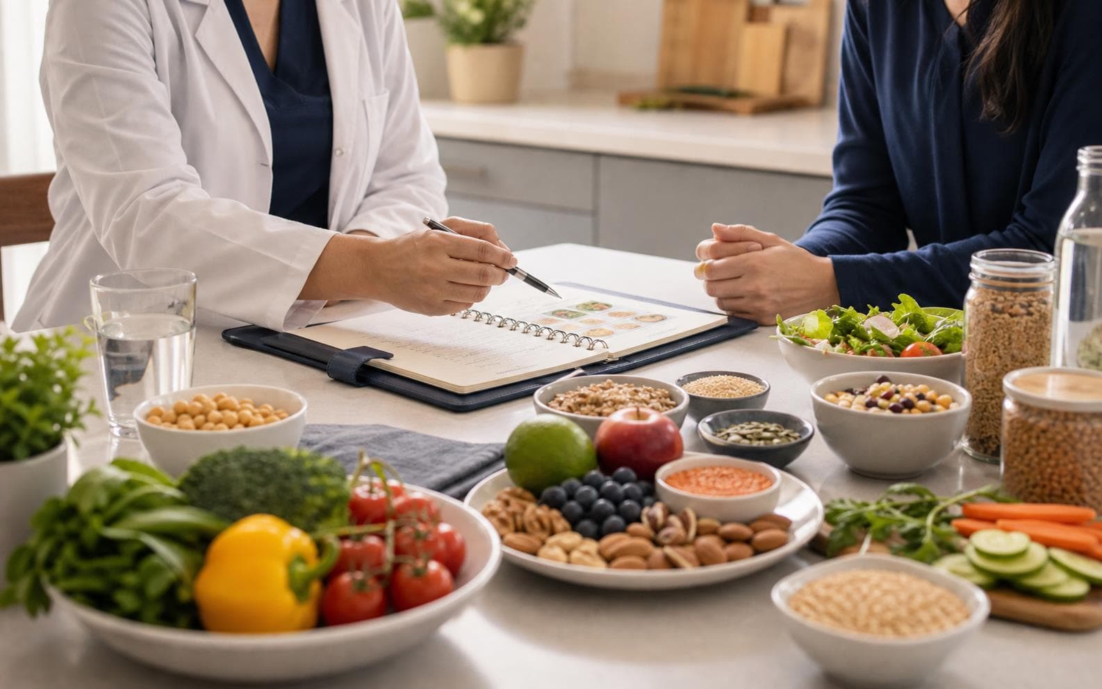 Nutrition consultation table with healthy foods